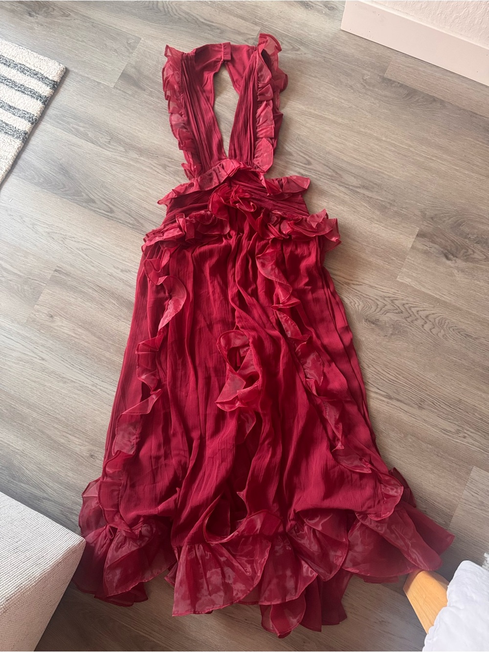 ASOS LUXE plunge maxi dress with ruched chiffon detail & open back in burgundy